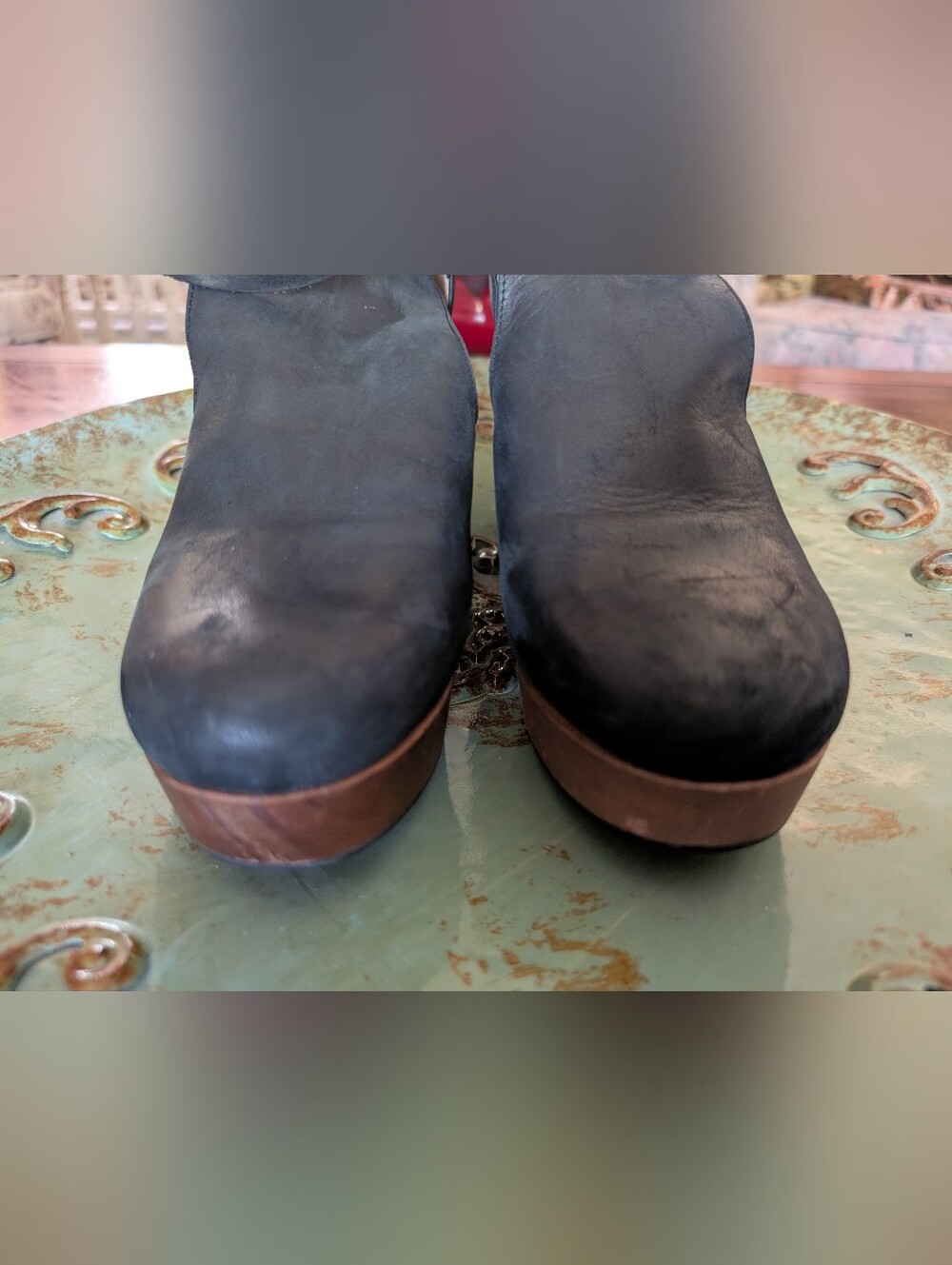 Free People Black Leather Platform Clogs with Wood-Effect Heel Size 39.5 - Picture 3 of 16